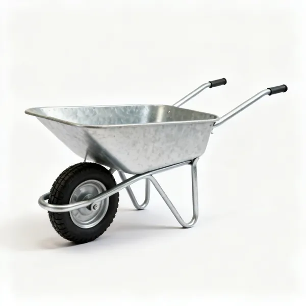 A metal wheelbarrow with a single pneumatic wheel, two tubular handles and two legs