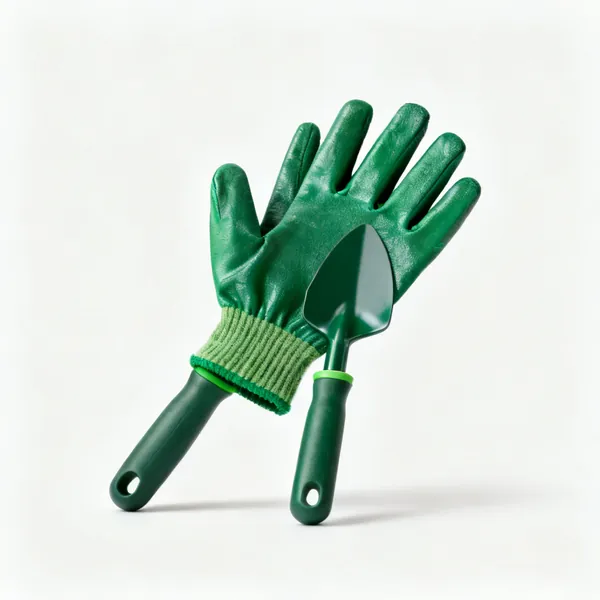 A pair of green gardening gloves with a coated palm and a knitted cuff