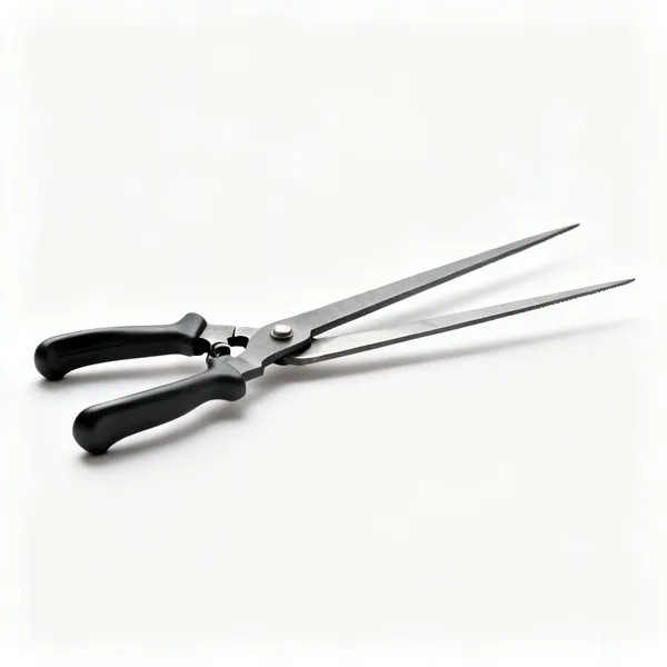 A pair of grass shears with two long straight blades and shaped handles