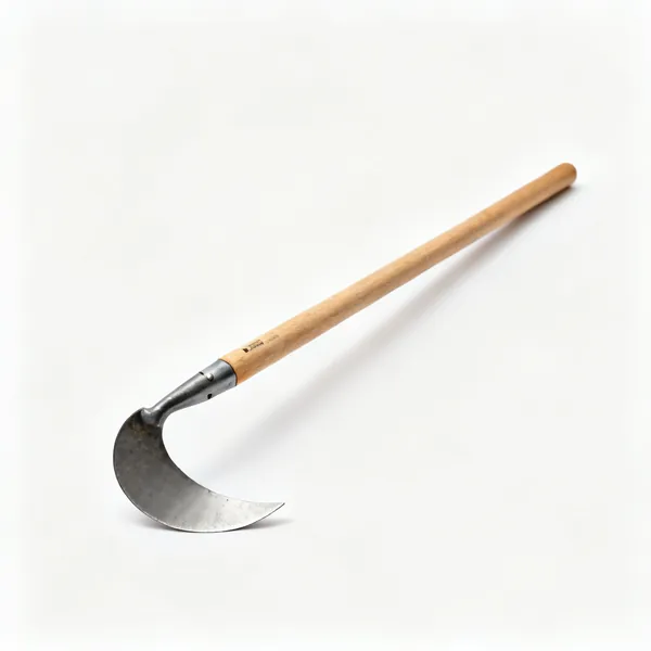 Half moon edging iron: A garden edging iron with a half moon crescent shaped steel blade and a long wooden shaft