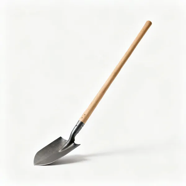 A narrow straight bladed edging spade with a long wooden shaft