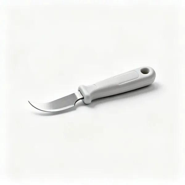 A hand edging knife with a short curved steel blade and a moulded plastic handle