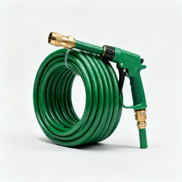 Hosepipe: A coiled green garden hose with a brass connector