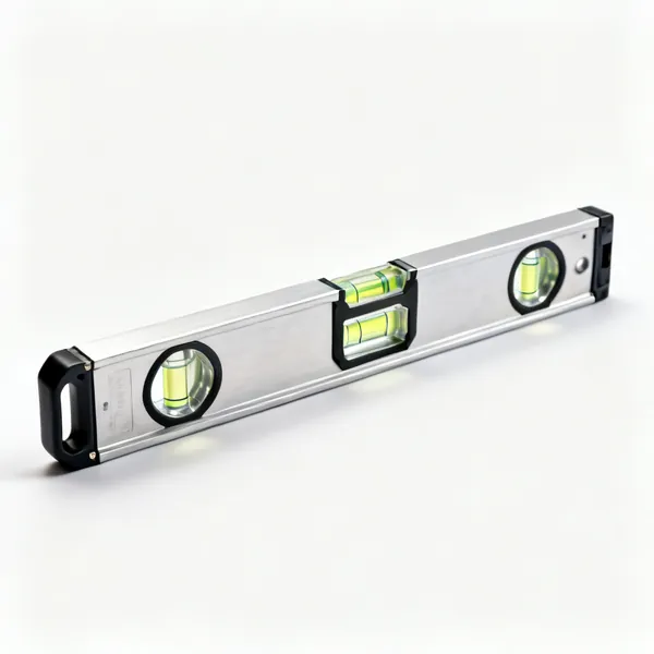 An aluminium spirit level with three glass vials and machined edges