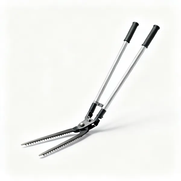 A pair of long handled grass shears with two tall tubular handles and horizontal blades