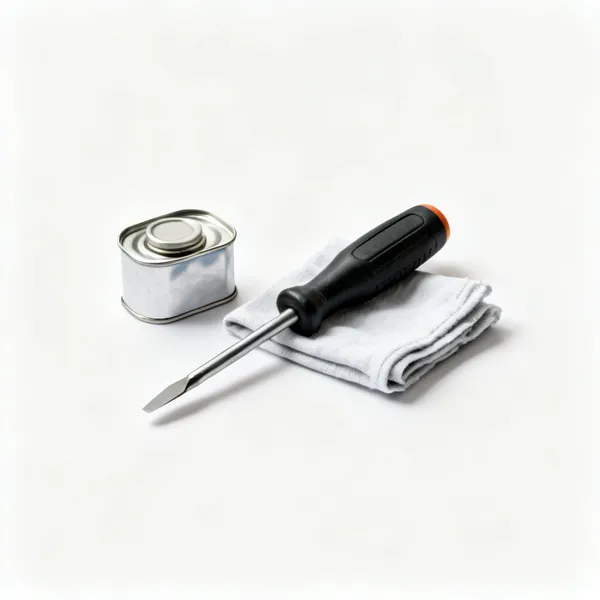 Oil and cloth: A small tin of tool oil beside a folded cloth