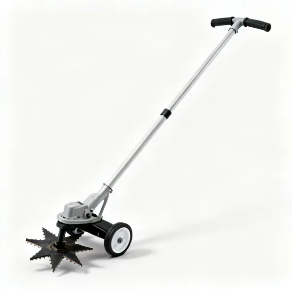 Rotary edger: A rotary lawn edger with a star shaped cutting wheel, guide wheel and a long handle