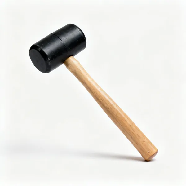 A rubber mallet with a black rubber cylindrical head and a wooden handle