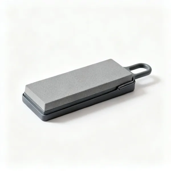 A small rectangular grey pocket sharpening stone
