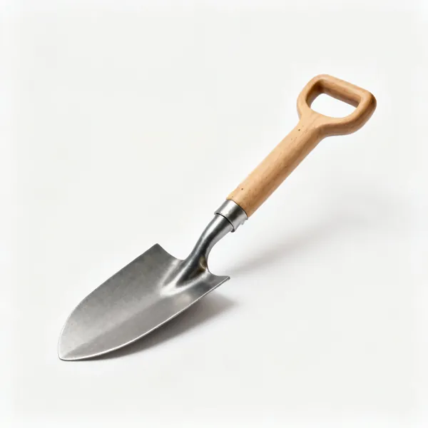 A small border spade with a narrow flat steel blade and a short wooden shaft with a D handle