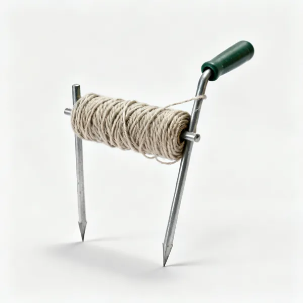 String line: A garden line with string wound on two pointed metal pegs