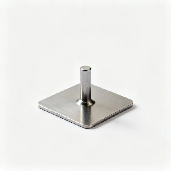 A small hand tamper tool, a square flat steel plate with a short vertical stub handle on top