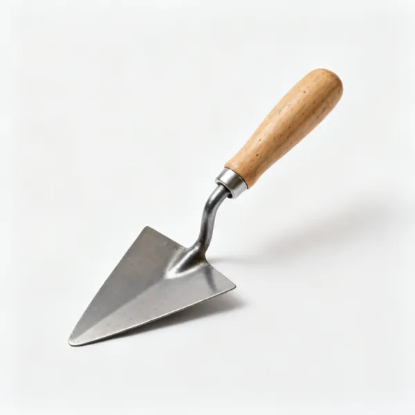 A small pointing trowel with a triangular steel blade and a wooden handle