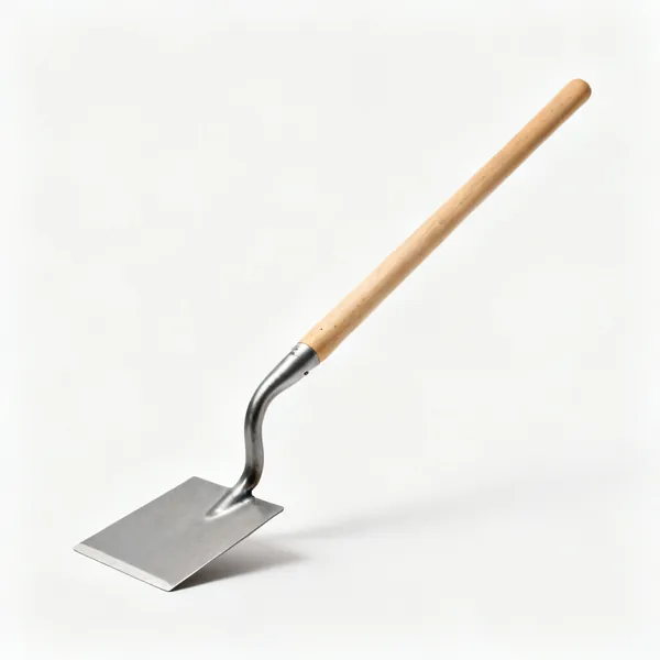A turf lifter tool with a flat horizontal steel blade on a bent wooden shaft