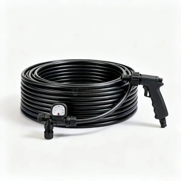 Drip irrigation kit: A coil of black drip irrigation pipe with emitters and a tap timer