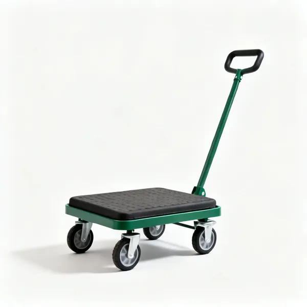 Rolling garden seat: A low rolling garden work seat with four small wheels and a padded top
