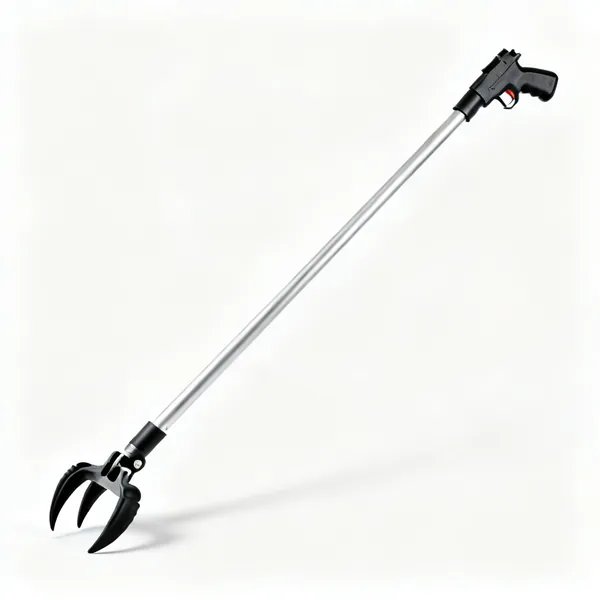 A long reach grabber tool with a pistol trigger handle, aluminium shaft and rubber tipped claw jaws