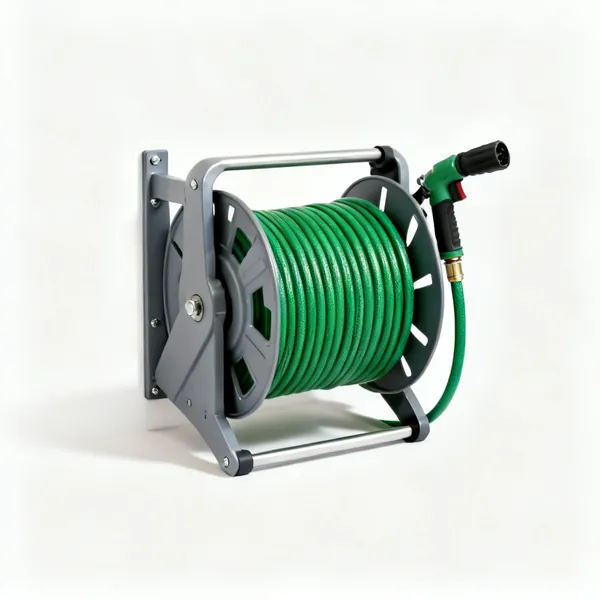 A wall mounted garden hose reel with green hose wound on it