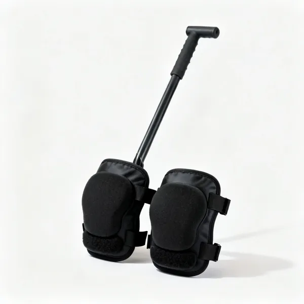 Strap on knee pads: A pair of black garden knee pads with elastic straps and soft foam padding