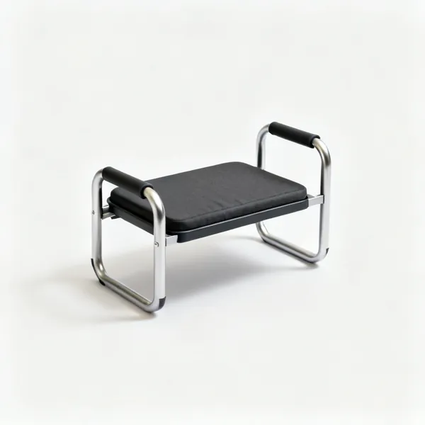 Kneeler and seat frame: A folding garden kneeler seat with a padded pad and two tubular steel side rail handles