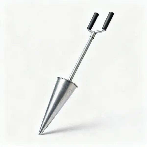 A long handled bulb planter with a tapered steel cylinder and two upright handles