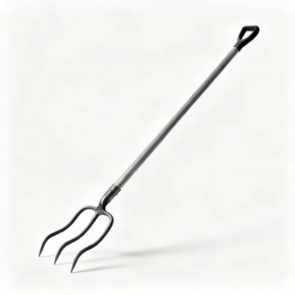 Long handled cultivator: A long handled three prong cultivator with curved claw tines on a long shaft