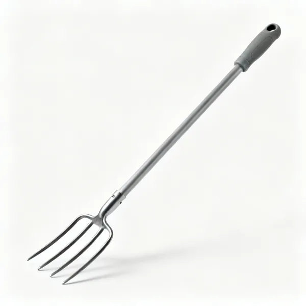 A long handled hand fork with three steel tines on a long shaft with a moulded grip