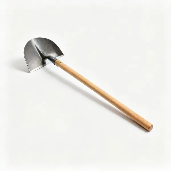 Long handled hoe: A dutch hoe with a flat open D shaped steel blade on a long wooden shaft