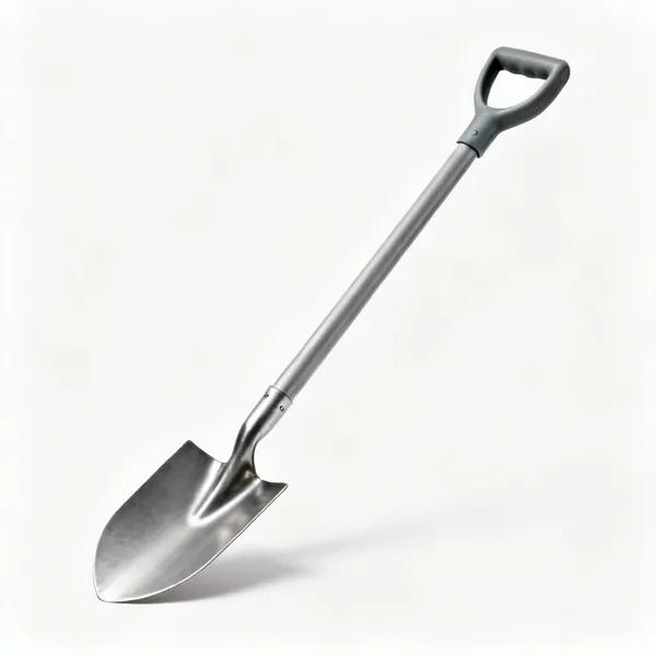Long handled trowel: A long handled garden trowel with a steel blade on a long shaft with a moulded grip