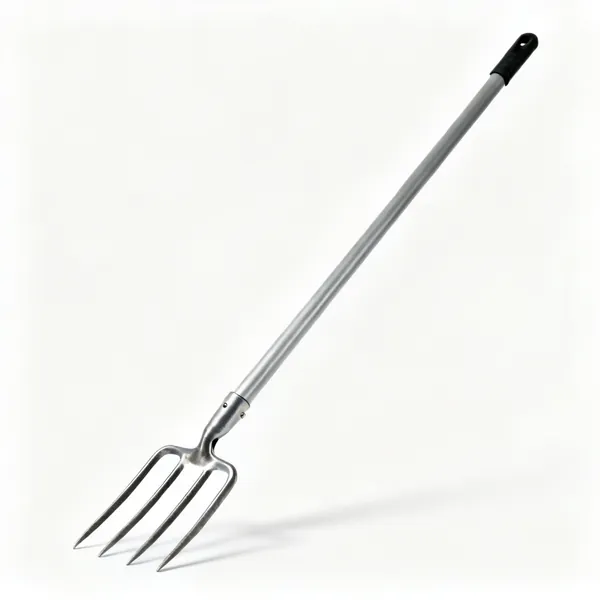 Long handled weeder: A long handled garden weeder with a forked steel head on a long shaft