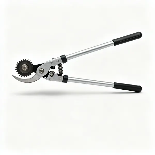 Geared loppers: A pair of geared bypass loppers with long handles and a compound gear mechanism at the head