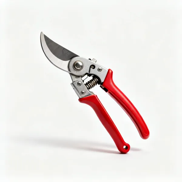 A pair of ratcheting secateurs with red handles, a curved cutting blade and visible ratchet mechanism