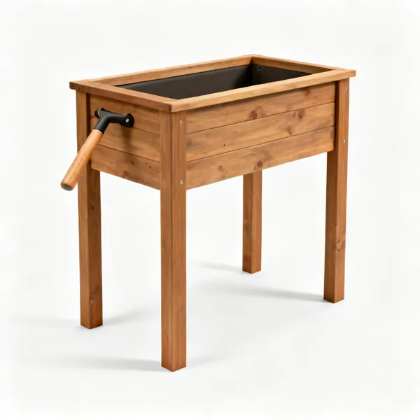 Table planter: A wooden table top garden planter on four legs with a shallow planting tray