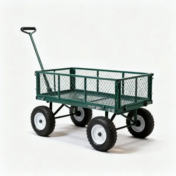 A four wheeled garden trolley cart with a flat mesh bed and a pull handle