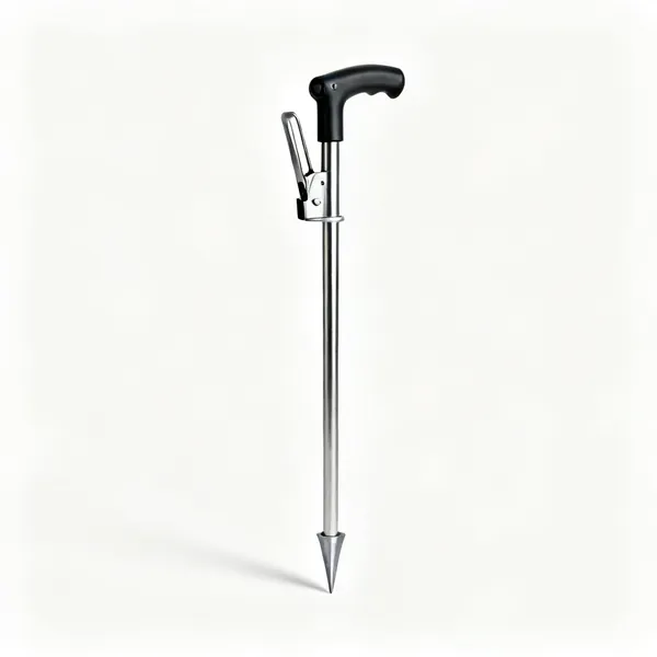 Stick or crutch holder: A metal ground spike walking stick holder with a clip