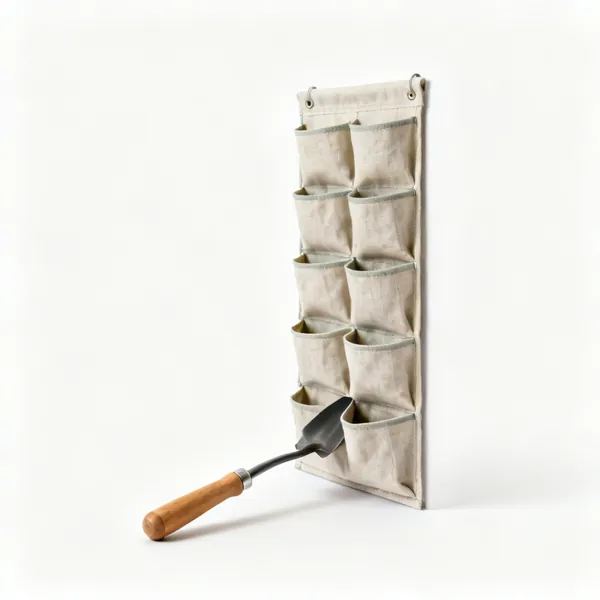 Wall planter: A fabric wall mounted planter with several rows of planting pockets