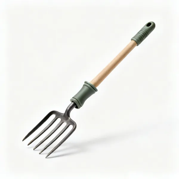 Cuffed hand tools: A garden hand fork with a moulded arm cuff support extending along the handle