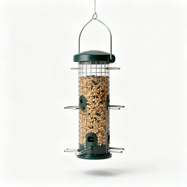Bird feeder: A hanging tubular bird seed feeder with metal perches
