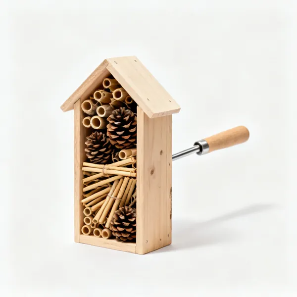 A small wooden bug hotel box filled with hollow canes and pine cones