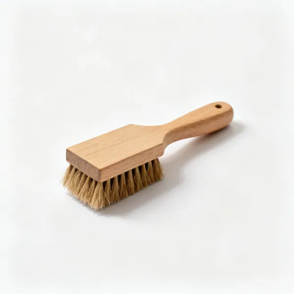 Hand brush: A small wooden handled bench brush with stiff natural bristles