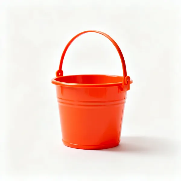 A small brightly coloured plastic bucket with a handle