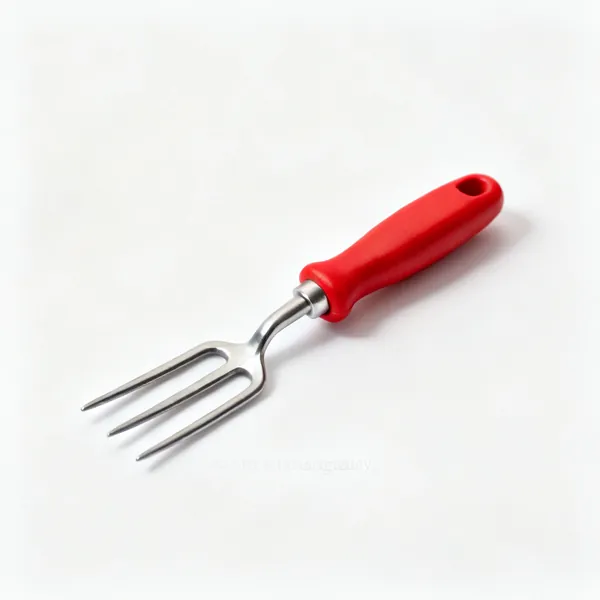 Child's hand fork: A small hand fork with three short steel tines and a red moulded handle