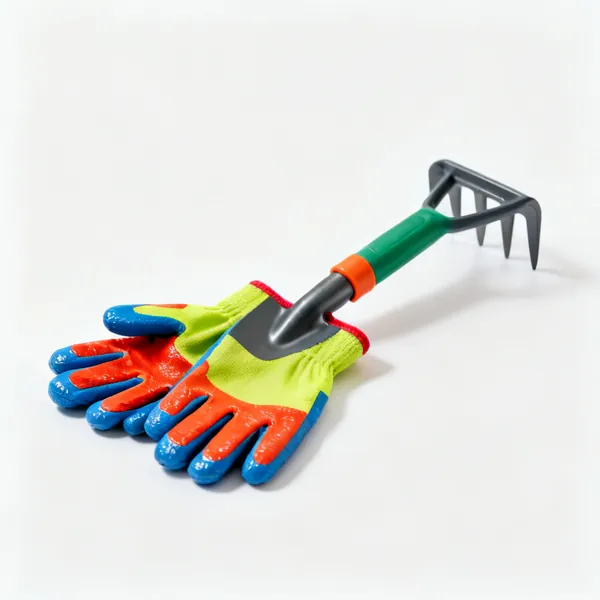 Child's gloves: A pair of small brightly coloured childrens gardening gloves with coated palms
