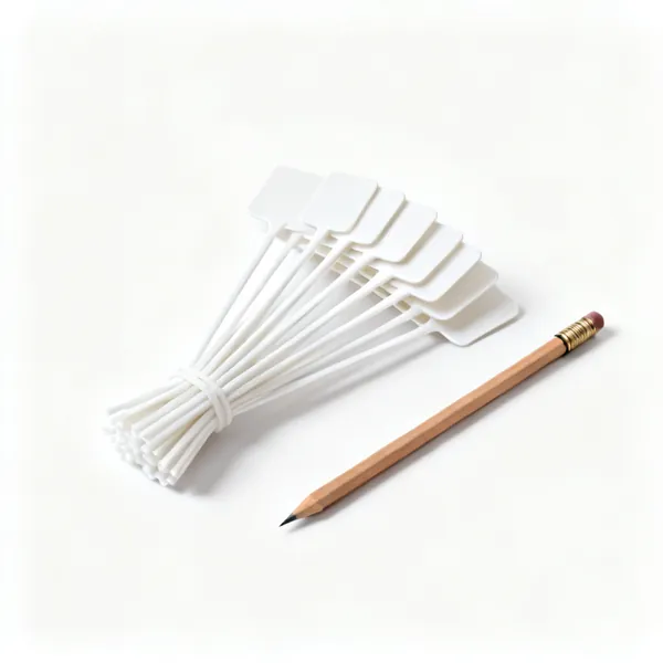 A bundle of white plastic plant labels beside a pencil