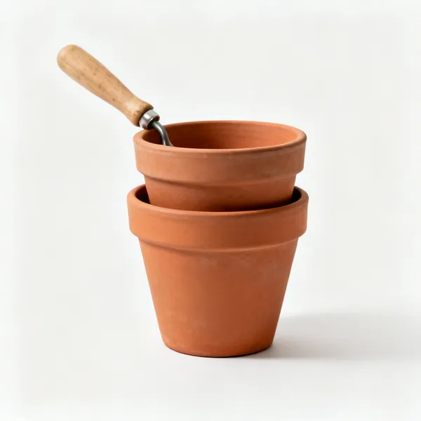 Three terracotta plant pots of different sizes stacked beside each other