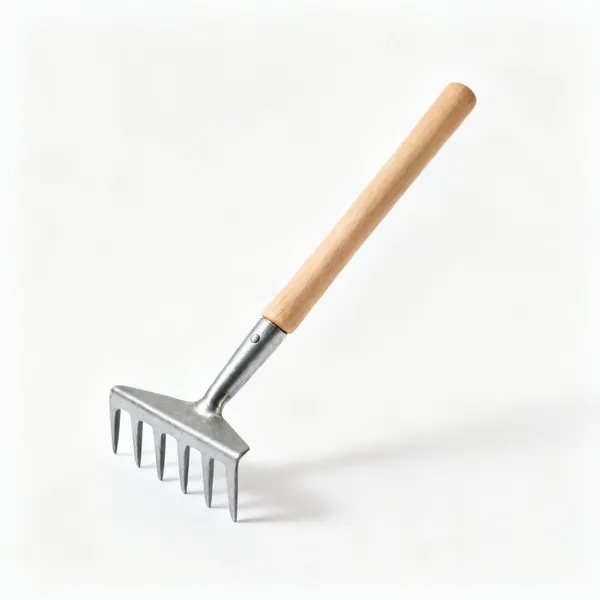 Child's rake: A small childs garden rake with a narrow steel head and a short wooden shaft