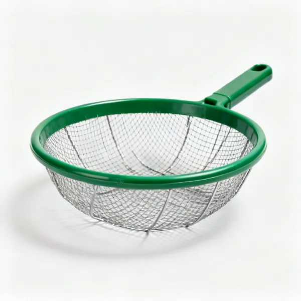 A round garden sieve riddle with a green plastic rim and a wire mesh base
