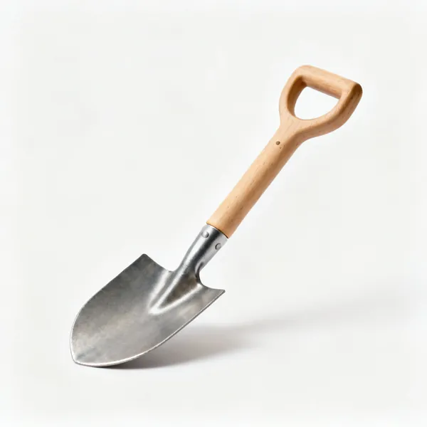 Child's spade: A small childs garden spade with a steel blade and a short wooden shaft with a D handle