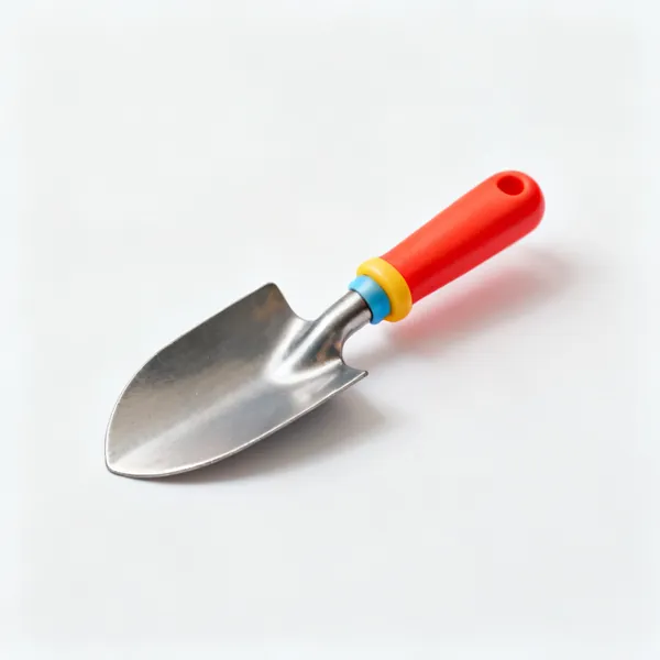 Child's steel trowel: A small childs garden trowel with a steel blade and a short brightly coloured handle