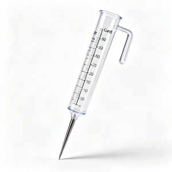 A clear plastic garden rain gauge tube with measurement markings and a spike